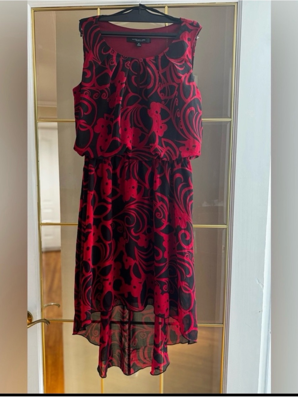 Andrew Marc Red and Black Floral-Print High-Low Dress new without tag